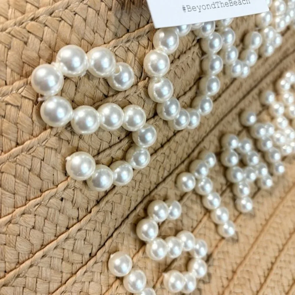 NWT Beyond the Beach Social Distancing Straw Tote Pearl Embellished Bag